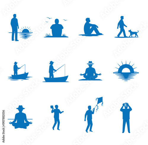 Collection of blue silhouette icons depicting people engaging in leisure activities outdoors