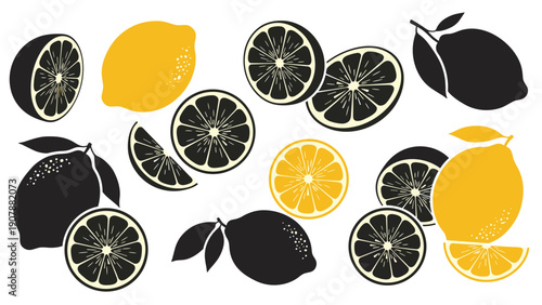 Artistic pattern of whole lemons and slices in contrasting yellow and black colors for food, citrus, and kitchen decoration background themes.