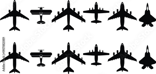Set of black airplane silhouettes including commercial airliners, vintage biplane, military cargo planes, and stealth fighter jets isolated on white,