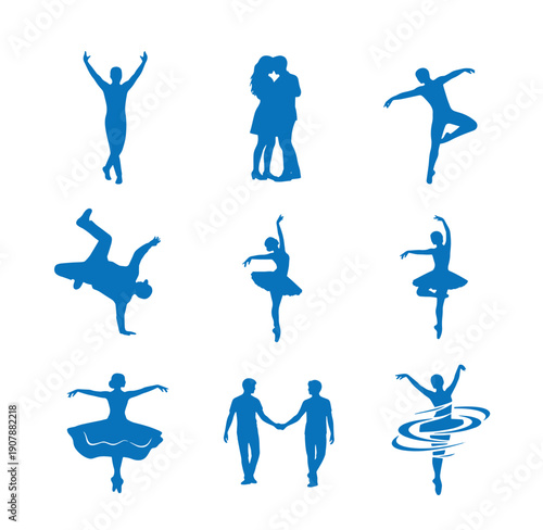 collection of blue silhouettes of dancers and couples in various poses  isolated on white background