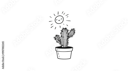 Black and white illustration of a cactus in a pot under a smiling sun with radiating lines