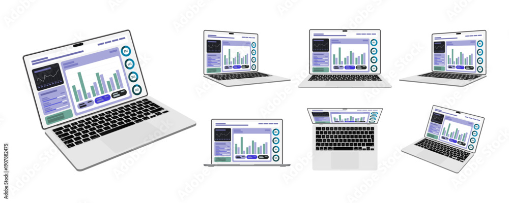 Naklejka premium Laptop Computer Infographic Dashboard Mockup Set with Data Monitoring, Employee Attendance Records, Analytics UI, Business Statistics and Financial Report Interface Vector Illustration