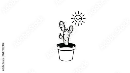 A black and white illustration of a cactus in a pot under a smiling sun with sun rays