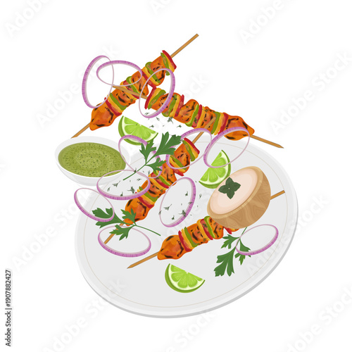 Vector Illustration logo Clipart Levitation Indian Food Chicken Tikka Skewers