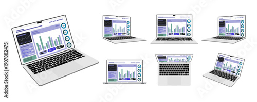 Laptop Computer Infographic Dashboard Mockup Set with Data Monitoring, Employee Attendance Records, Analytics UI, Business Statistics and Financial Report Interface Vector Illustration