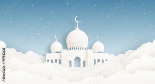 Minimalist Paper-Cut Style Mosque Under a Starry Night Sky