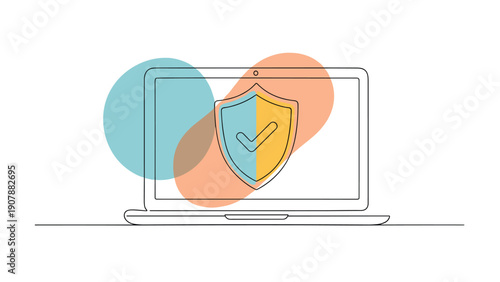 Continuous line drawing of a laptop computer with a security shield and checkmark representing data protection, privacy, and cyber security.