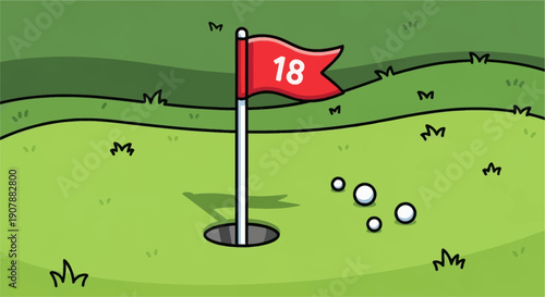 A cartoon illustration of a golf course with a red flag marked '18' in the hole and several golf balls nearby on the green grass.
