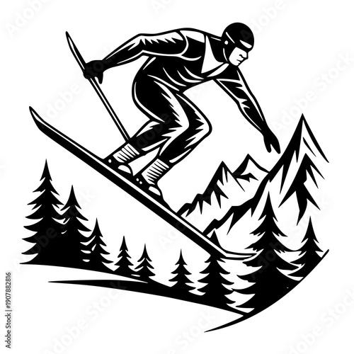 skiing in the mountains vector , vector illustration of a ski , silhouette of a ski 