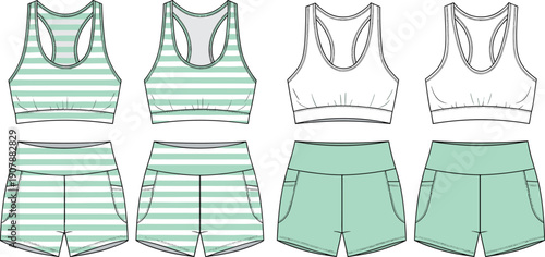 Front and back view of women sports bra and shorts set mockup in striped mint green athletic outfit design