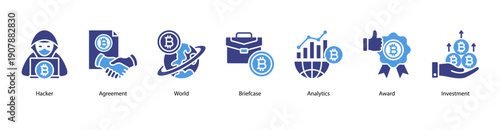 Global Investment web banner vector illustration featuring Hacker, Agreement, World, Briefcase, Analytics, Award, and Investment.