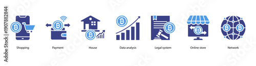 Online Shopping web banner illustration featuring Shopping, Payment, House, Data analysis, Legal system, Online store, and Network.