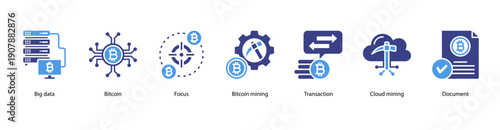Bitcoin and Big Data web banner vector illustration featuring Big data, Bitcoin, Focus, Bitcoin mining, Transaction, Cloud mining, and Document.