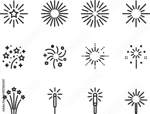 Firework line icon set. Christmas sparkler confetti, firecracker minimal vector illustration. Simple outline sign for New Year celebration party. Editable Stroke