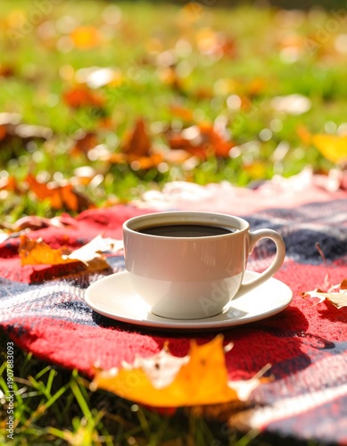 Coffee Cup on a Blanket with Autumn Leaves in Sunny Outdoor Setting