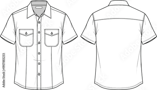 Short sleeve button up shirt technical flat sketch showing front and back views with pocket details clean vector illustration