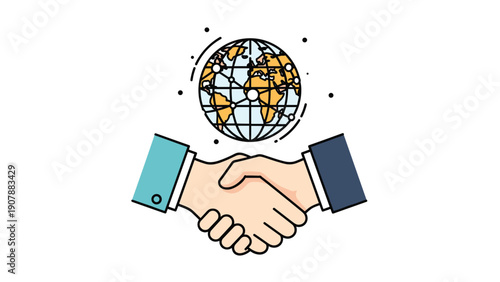 Detailed illustration of two diverse people shaking hands with a world globe background for international business partnership and cooperation.