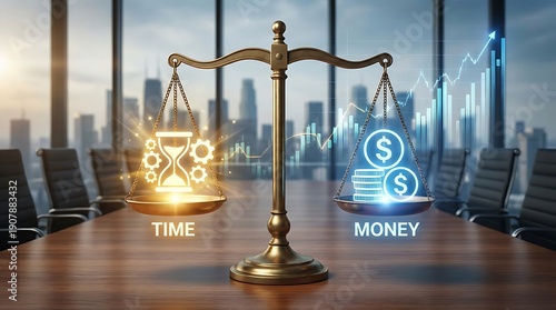 Balance Scale Weighing Time Against Money in Modern Office Setting.