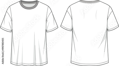 Classic crew neck t shirt technical flat sketch showing front and back views clean minimal apparel vector illustration