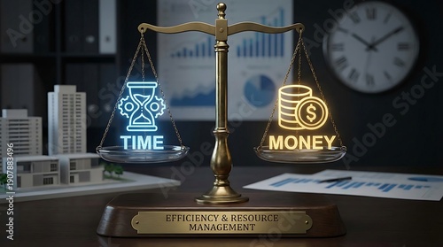 Balance Scales Weighing Time Against Money Symbolizing Efficiency and Resource Management.