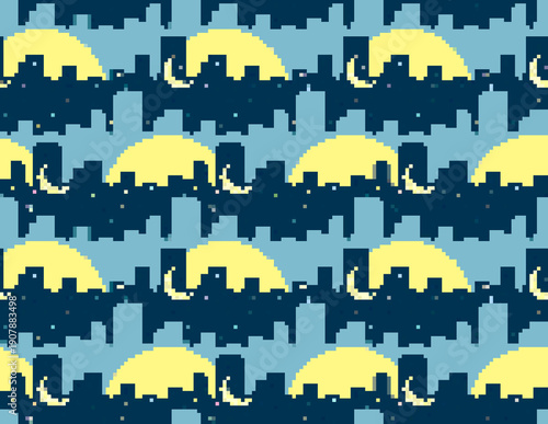 A seamless pixel background with night city.