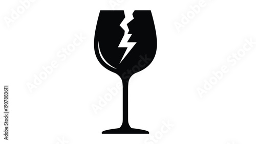Simple black silhouette of a cracked or broken wine glass on a white background representing accident, failure, or fragility in business.