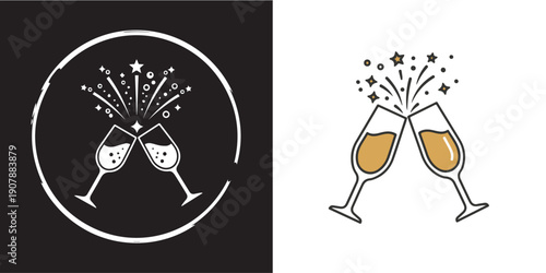 Clinking champagne glasses with festive sparkles and stars. Featuring two styles: a white outline on a dark circular badge and a colored minimalist line art version.