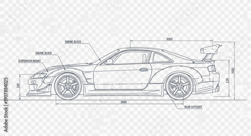 Detailed technical drawing of a sports car blueprint.