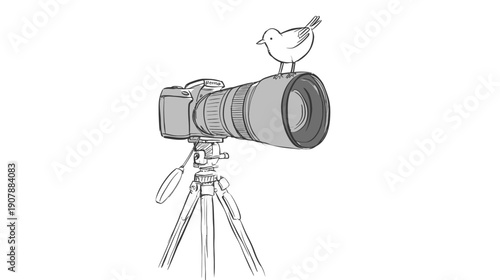 A line drawing of a camera on a tripod with a bird resting on the lens, simple design
