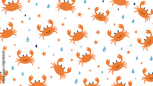 Cute seamless pattern of little orange crabs, raindrops, and tiny stars for children, nursery, and marine life background decoration themes.