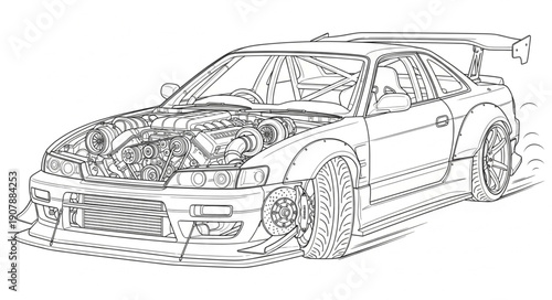 Detailed Technical Drawing of a Sports Car Engine and Chassis.