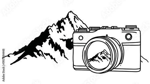 Black and white illustration of a camera with a mountain range as the subject