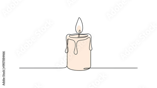 Continuous line drawing of a single lit candle with melting wax and a flame representing hope, peace, meditation, and quiet atmosphere themes.