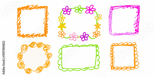 Colorful sketched frames and floral doodles on a white background