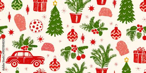 Festive christmas pattern with gifts plants and holiday decorations