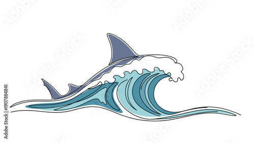 Continuous line drawing of a shark fin rising above blue ocean waves representing strength and sea life.