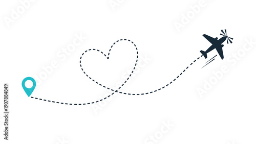 Travel illustration featuring a plane flying a heart-shaped path from a location pin icon symbolizing love for travel.