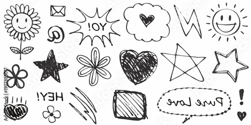 Collection of hand drawn doodles flowers stars hearts and speech bubbles