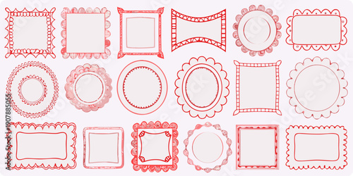 Collection of hand drawn red frames and decorative borders on white