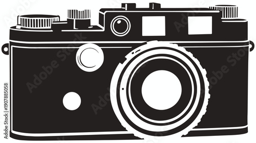 Black and white illustration of a classic analog camera with detailed components