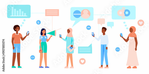 Diverse group of people interacting with social media and technology