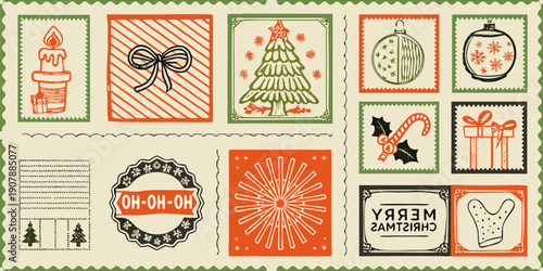Vintage christmas postage stamps with festive illustrations and decorative elements