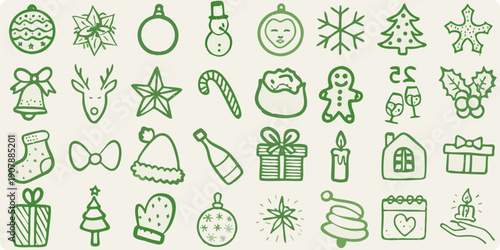 Collection of festive green line art icons representing winter holidays