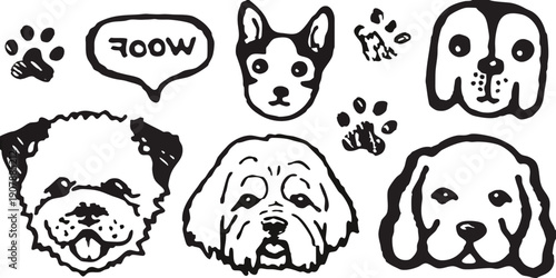 Simple black and white illustration of dog faces paws and a speech bubble