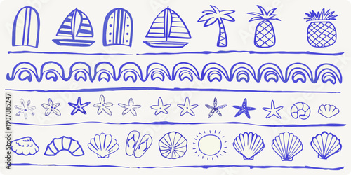 Blue doodle illustration of summer themed icons boats shells and fruit
