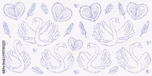 Blue sketch featuring swans hearts and feathers in a repeating pattern