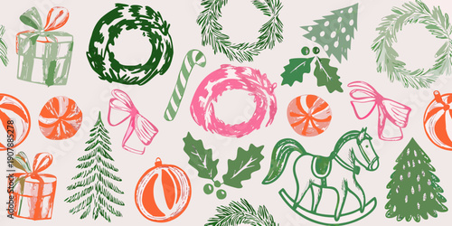 Festive christmas illustrations gifts wreaths ornaments and traditional toys