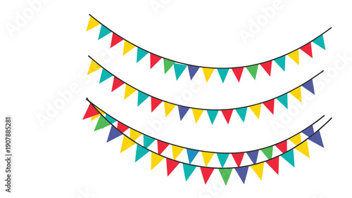 Rows of colorful party bunting flags hanging for celebration and festive decoration on a plain white background.