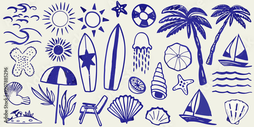 Blue summer doodles featuring beach elements and nautical imagery