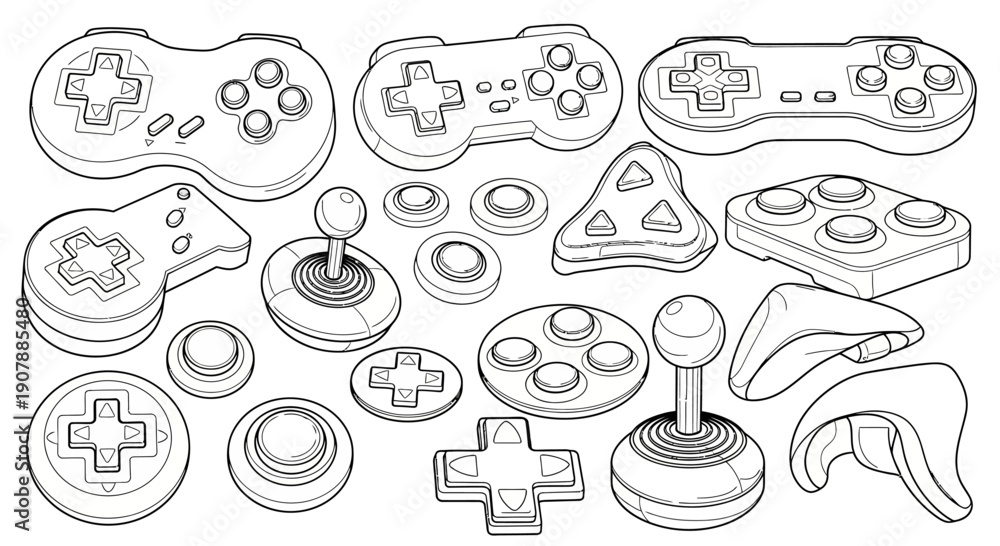 Obraz premium A collection of various video game controllers, joysticks, and buttons in a detailed line art style, showcasing different designs and eras of gaming input devices.